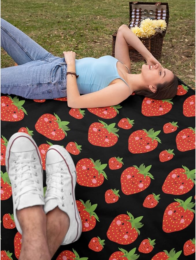 Thuswarm Cute Strawberry Kawaii Black Flannel Throw Blanket Warm Cozy Soft Funny Print Blankets for Bed Couch Sofa Room Decoration Gifts 80”×60” Large for Adult