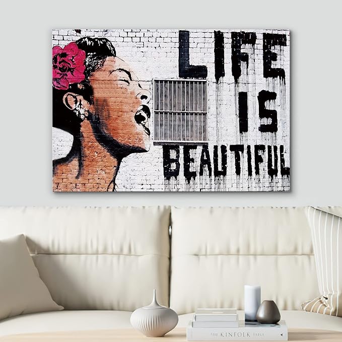 SIGNWIN Framed Canvas Wall Art Banksy Life is Beautiful Billie Holiday Graffiti & Street Art Famous People Pop Art Modern Urban Multicolor for Living Room, Bedroom, Office - 24x36 inches