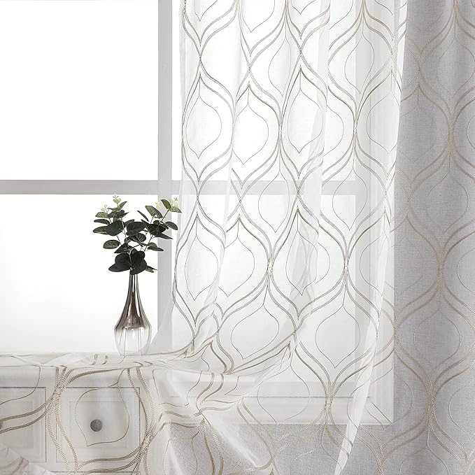 VISIONTEX White Sheer Curtains 120 Inches Long 2 Panels Set Brown Moroccan Embroidered Curtains Trellis French Textured Rod Pocket Voile Tulle Semi Window Drapes for Bedroom Living Room 54 x 120 Inch