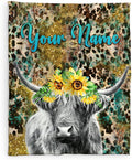 Personalized Highland Cow Blanket Gifts for Kids Boys Girls, 40x30 Inches Cute Throw Blanket for Highland Cow Lovers, Custom Soft Fuzzy Leopard Print Blankets for Lap Chair Travel