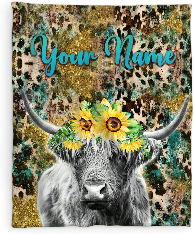 Personalized Highland Cow Blanket Gifts for Kids Boys Girls, 40x30 Inches Cute Throw Blanket for Highland Cow Lovers, Custom Soft Fuzzy Leopard Print Blankets for Lap Chair Travel