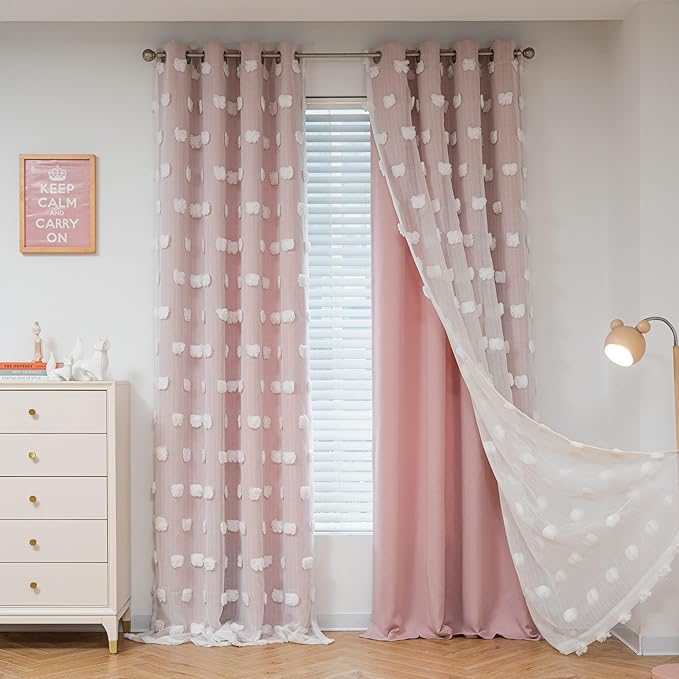 MYSKY HOME Light Blocking Pink Curtains White Sheer Pom Pom Kids Room Decor Drapes for Living Room 95 Inches Long Double Layer Curtains for Sliding Door Grommet Window Panels Set of 2 52" x 95"