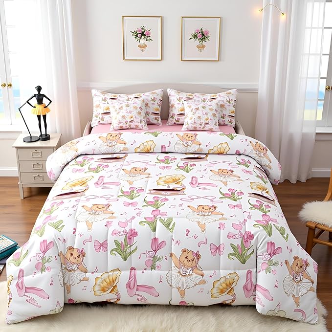 Pink Bowknot Princess Comforter Twin Size,Ballet Shoes Bear Dancer Cartoon 7 Pcs Bedding Set,Tulip Flower Music Note Record Decor,Bow Tie Romantic （Fitted+Sheet+2 Pillowcases+2 Throw Pillow Covers）