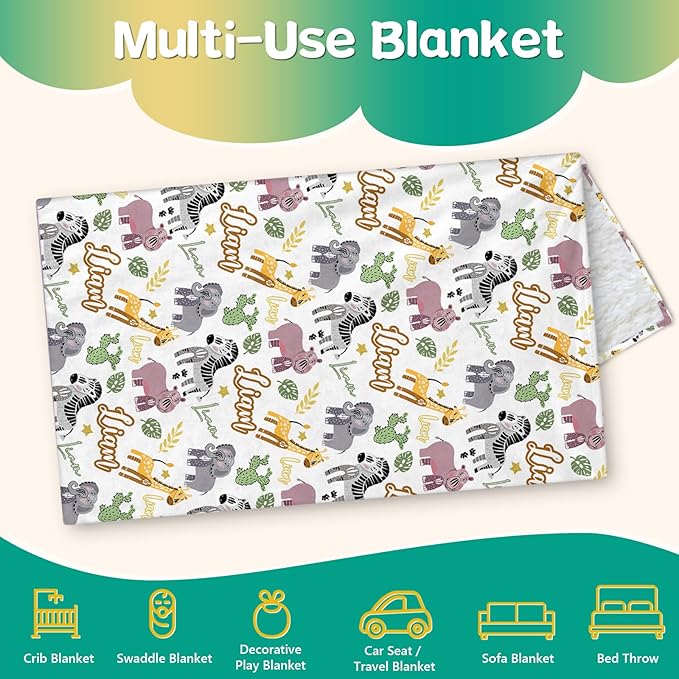 Custom Safari Animals Blanket Gift, Personalized Baby Blanket with Name, Soft Plush Flannel/Sherpa Fleece Throw Blankets for Toddler Kid Teen Boys Girls Color02