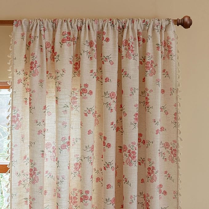 ENJOYBRIDAL Pink Floral 96 Inch Curtains 2 Panel Set Boho Tassel Drapes Farmhouse Rod Pocket Semi Sheer Long Window Curtains Bedroom Living Room Rustic Dining Room Aesthetic Decor Window Treatments