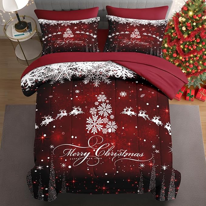 7 Pcs Full Size Christmas Comforter Set with 2 Pillowcases & 2 Shams, Dark Red Winter Snowflake Bedding for Kids and Adults, Merry Xmas Bed in a Bag with Flat Fitted Sheet