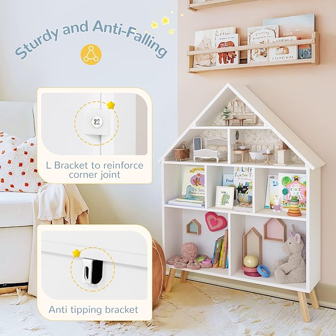 Curipeer Kids Dollhouse Bookshelf and Baby Storage - Wooden Stand Dollhouse Bookcase with 4-Tier Storage Display Organizer, Children Bookshelf for Playing Room, Nursery - White