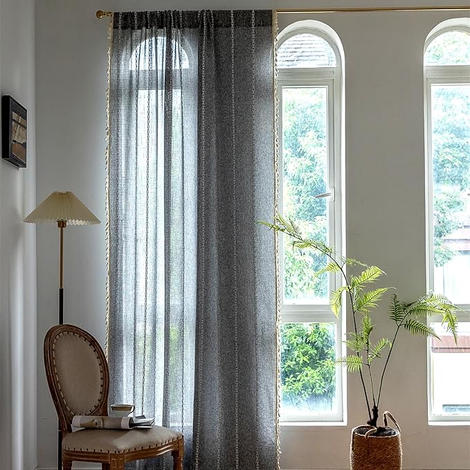Deeprove Dark Gray Boho Curtains 96 inches Length for Bedroom Living Room, Coal Grey Bohemian 96 inches Long Embroideried Cottage Farmhouse Vintage Tassel Window Treatments, W52 x L96, 1 Panel