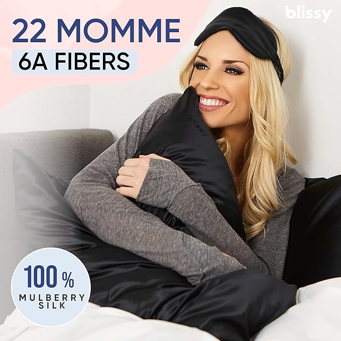 Blissy Silk Pillowcase - 100% Pure Mulberry Silk - 22 Momme 6A High-Grade Fibers - Silk Pillow Cover for Hair & Skin - Regular, Queen & King (Black, Queen)