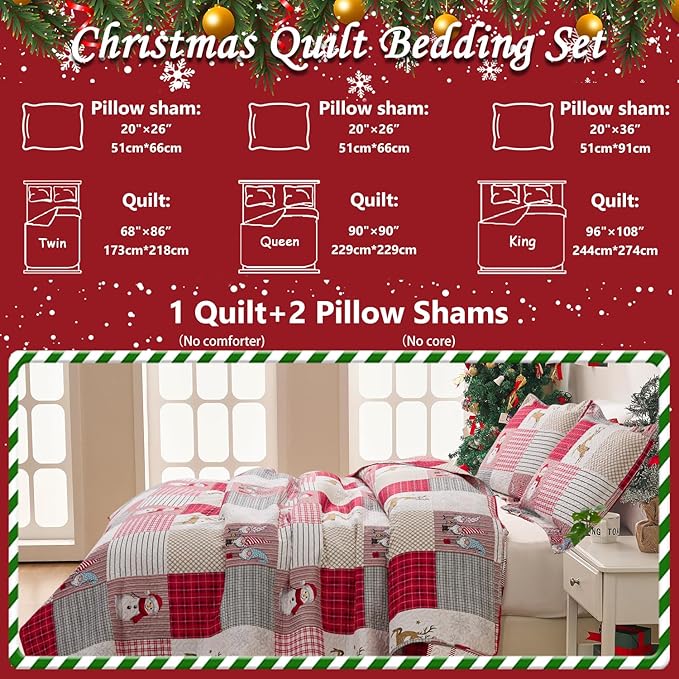 Jessy Home Christmas Bedding Set King Christmas Quilt Bedspread Pink Gnome Santa Claus Plaid Patchwork Xmas Quilt Bedding Decor Winter Snowman Elk Lightweight Reversible Bedspread Coverlet