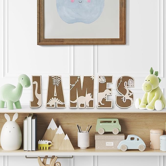 Personalized Wooden Name Sign - Custom Baby Name Signs for Nursery & Kids Room, Baby Announcement Sign, Wall Name Signs Personalized, Round Wooden Letters for Nursery Decor (Dinosaur)
