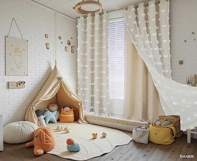 MYSKY HOME Beige Curtains for Living Room 90 Inches Long Nursery Curtains for Bedroom Double Layer Curtains White Pom Pom Sheer Curtains for Dining Room Grommet Room Darkening Window Panels W52 X L90