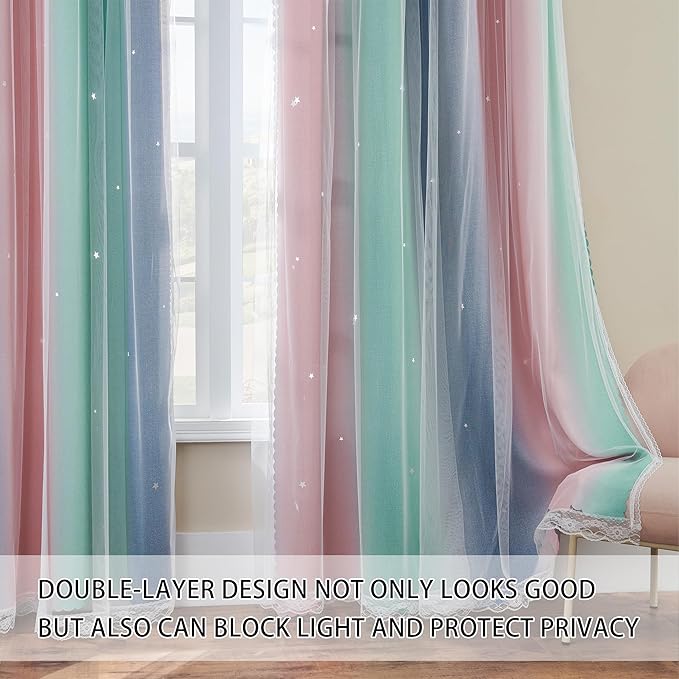 XiDi Pink Grey Green Girls Curtains for Bedroom Rainbow Blackout Short Curtains for Kitchen Cafe Window Room Darkening Kids Childs Nurser Room Wall Decor 54 inches Long 52 inches Wide 2 Panels Set