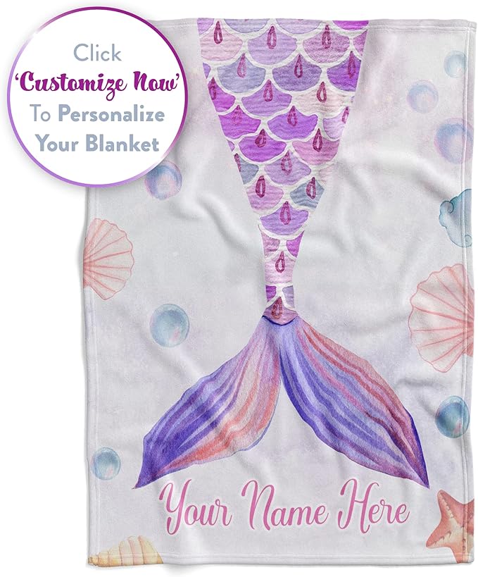 Personalized Blanket for Girls | Custom Mermaid Fleece Throw | Purple Kids Throw | Baby Girl Blanket for Room Décor | Girls Room | Kids Blanket | Mermaids (Fleece – 60x80)