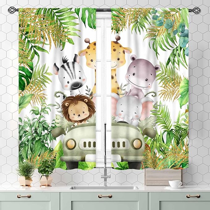 Jungle Safari Animals Curtains, Cartoon Animals Lion Giraffe Elephant Woodland Tropical Leaf Green Window Drapery for Kids Boys Girls Baby Living Room Bedroom Nursery 2 Panels, 55x39 Inch