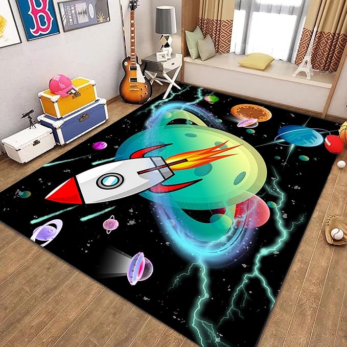 Outer Space Kids Area Rug,4x5ft,Kids Playroom Crawling Mat, Machine Washable, Non-Slip Carpet with Cartoon Planets and Rocket Design, Suitable for Boys' Bedroom, Class, Nursery Decorative Rug