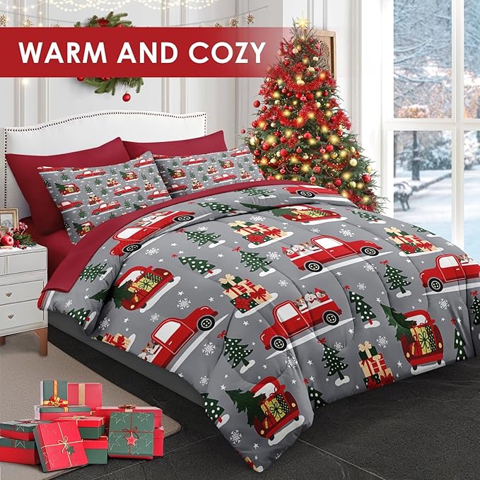 7 Pcs Queen Size Christmas Comforter Set with 2 Pillowcases & 2 Shams, Red Cartoon Truck Bedding for Kids and Adults, Merry Winter Pine Tree Bed in a Bag with Flat Fitted Sheet