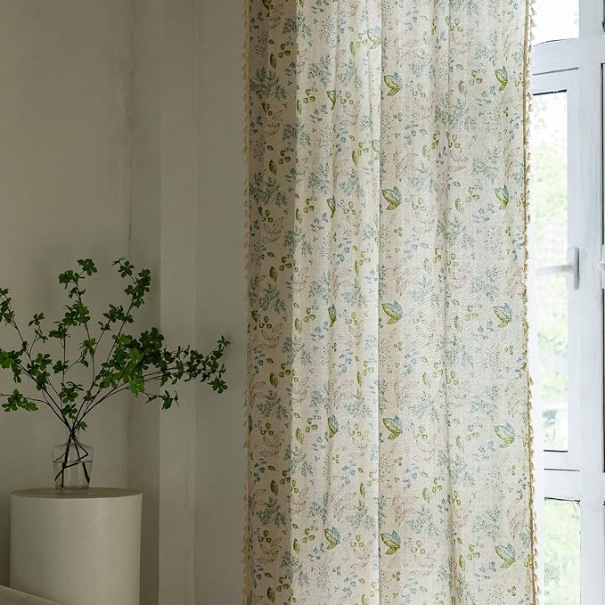 ENJOYBRIDAL Leaf Curtains 96 Inch Length 2 Panels Tassel Boho Semi Sheer Drapes Bedroom Living Room Farmhouse Floral Rustic Country Rod Pocket Cotton Linen Blend Window Curtain Panel