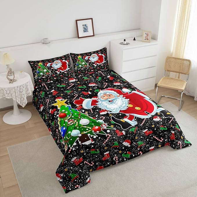 Feelyou Merry Christmas Comforter Set Santa Claus Christmas Tree Galaxy Red Black Bedding Quilt,Soft Warm Lightweight,Full Size for Girls Boys Kids 1 Comforter + 2 Pillow Cases Boys