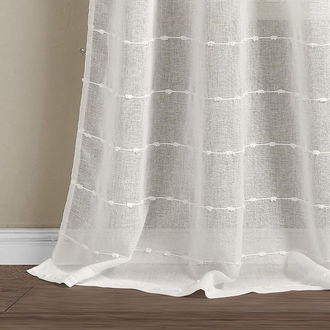 Lush Decor Farmhouse Textured Grommet Sheer Window Curtain Panel Pair, 38"W x 120"L, White