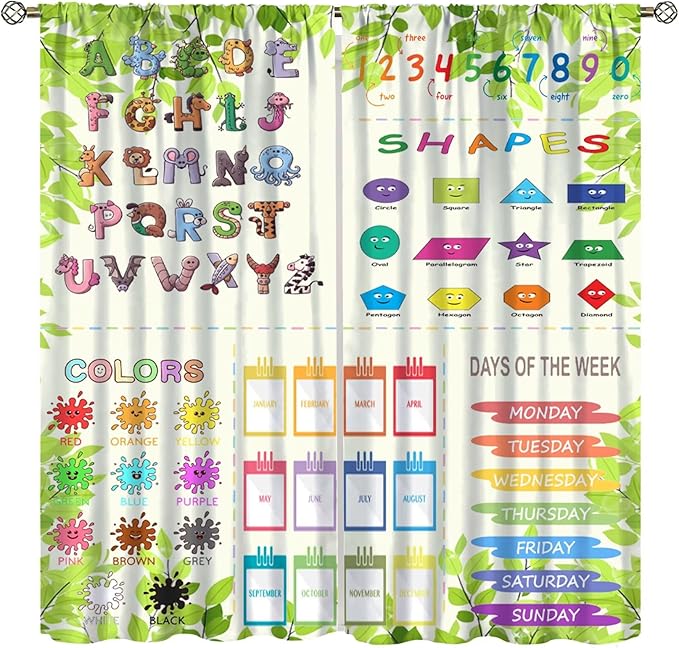 Kids Alphabet Curtain Cartoon Animal Nursery Rustic Leaves Plant Funny School Education Learning Tools Printed Rod Pocket Blackout Window Drapes for Bedroom Living Room 42" W X 45" L