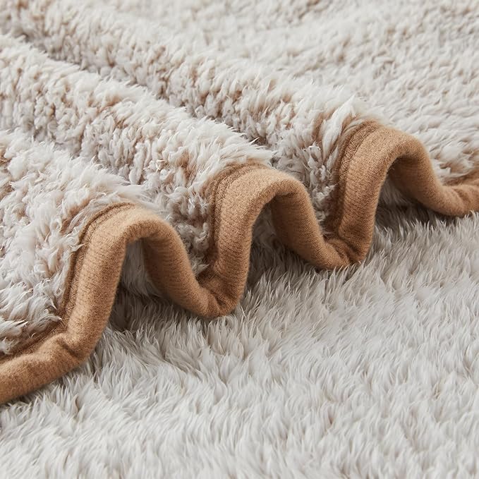 EMME Soft Sherpa Fleece Blanket Reversible Plush Fluffy Large Blanket, Light Weight Warm Decorative Boho Blanket Cover for Sofa, Couch, Bedroom,Travel(Plush Khaki,90"x90")