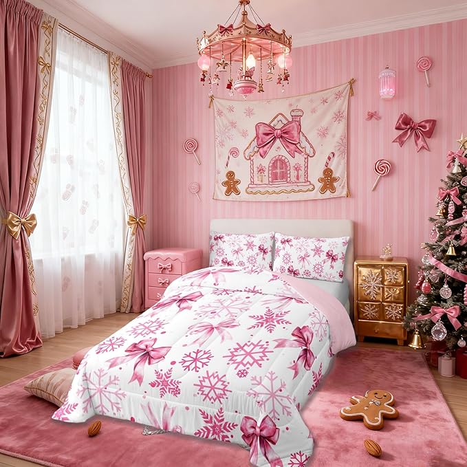 Cute Bow Tie Kids Bedding Set Queen Size,Girly Bowknot Snowflake Dots Comforter Set,Merry Christmas Winter Princess Quilt Comforter,Pink White Bedroom Duvet Insert,2 Pillowcases