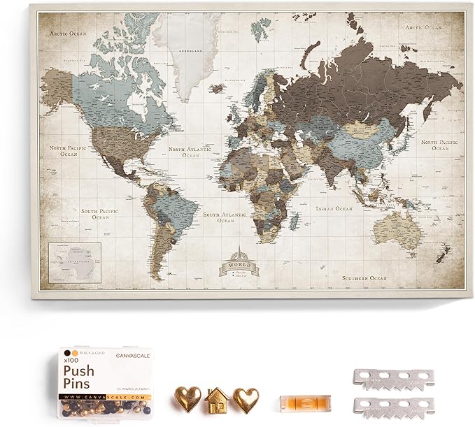 Canvas World Map with Cork Pin Board - English Lettering - Decorative Wall Decoration for All Rooms - Canvas Pictures with World Map Motif (70x50 cm, Pattern 25)