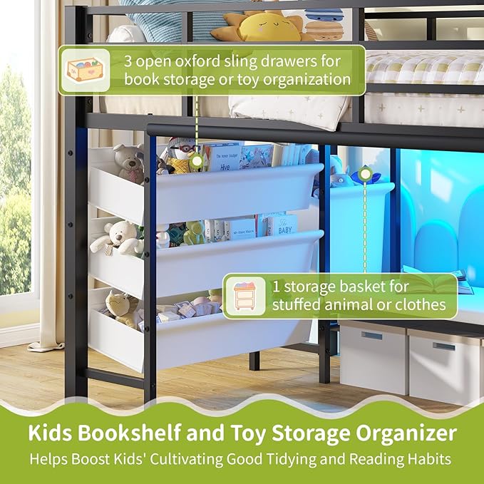 DICTAC Low Twin Loft Bed with Reading Corner,3 Sling Drawers and 2 Movable Storage Bins,Metal Twin Size Loft Bed for Kids with LED Lights and Storage Basket,13.98" H Safety Guardrail & Stairs, Black