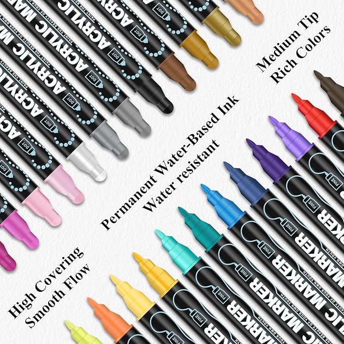 Acrylic Paint Markers, 24 Colors Acrylic Markers Set, Dual Tip Fine & Dot Point Acrylic Paint Pens for Rocks, Wood, Canvas, Stone, Glass, Ceramic, Fabric, Crafts, Rock Painting, Drawing & Art Supplies