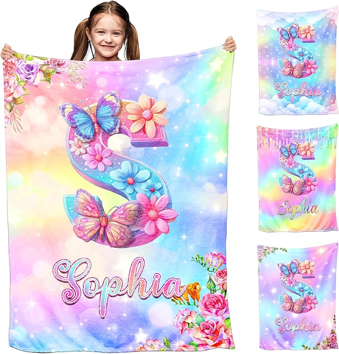 Ship Next Day, Personalized Baby Name Blanket for Girls Boys, Custom Toddler Blankets with Name & Capital Letter Gradient Pattern, Customized Throw Blanket Gifts for Kids Teens on Birthday Christmas