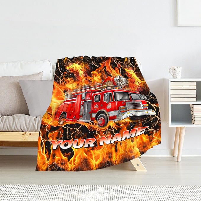Kids Blanket Gifts Personalized Fire Truck Blankets for Boys, Toddler - Soft Lightweight Flannel Firefighter Throws for Couch, Office & Bedroom