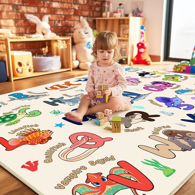 Kids Rugs for Playroom, 3x4 Feet Educational Rug for Learn The ABC Alphabet, Soft Machine Washable Non-Slip Cute Marine Organisms Carpet for Classroom Toddler Nursery Kids Room Decor, Beige