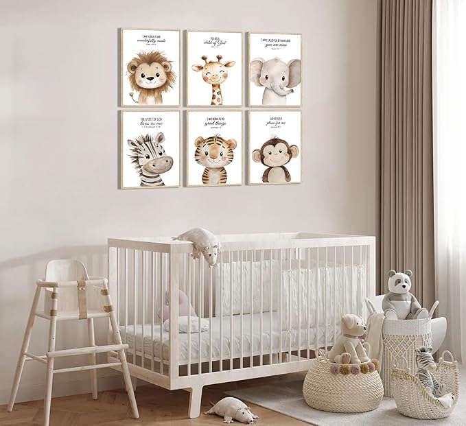 6Pcs Nursery Bible Verse Animal Wall Art Cute Woodland Animals Christian Picture Wall Decor Lions Elephant Giraffe Poster Print Artwork for Classroom BabyBedroom Boys Girls Home Decoration Unframed