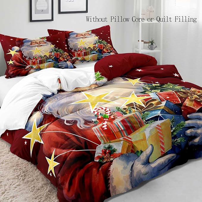 LUVIVIHOME 3PCS Christmas Santa Duvet Cover Full Bedding Set, Boys Girls Kids Bedding, Winter Holiday New Year Xmas Gifts Red Christmas Comforter Bedspread Quilt Cover, Bed in a Bag, 2 Pillow Shams