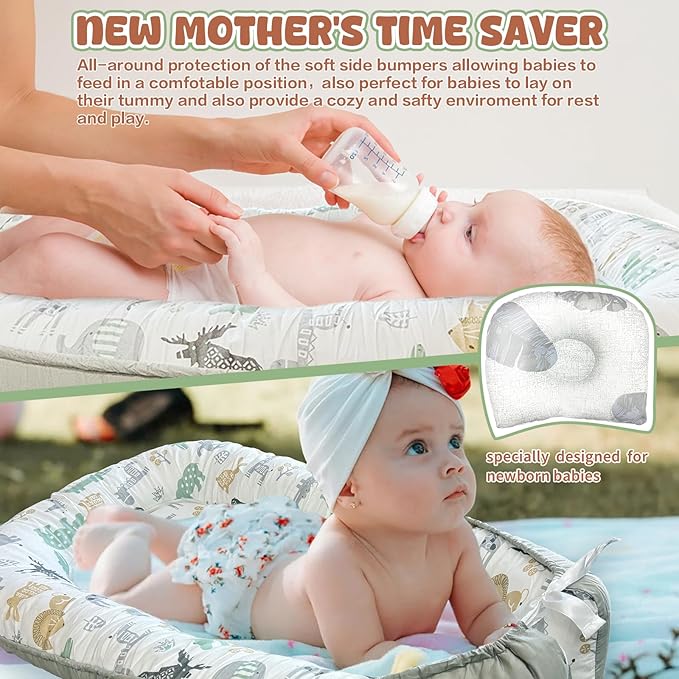 JIFTOK Baby Nests Lounger for Newborn, Snuggle Bassinet for 0-24M, Breathable Portable Co Bed, Baby Essentials Adjustable Infant Soft Cotton Loungers for Home & Travel -Leaves
