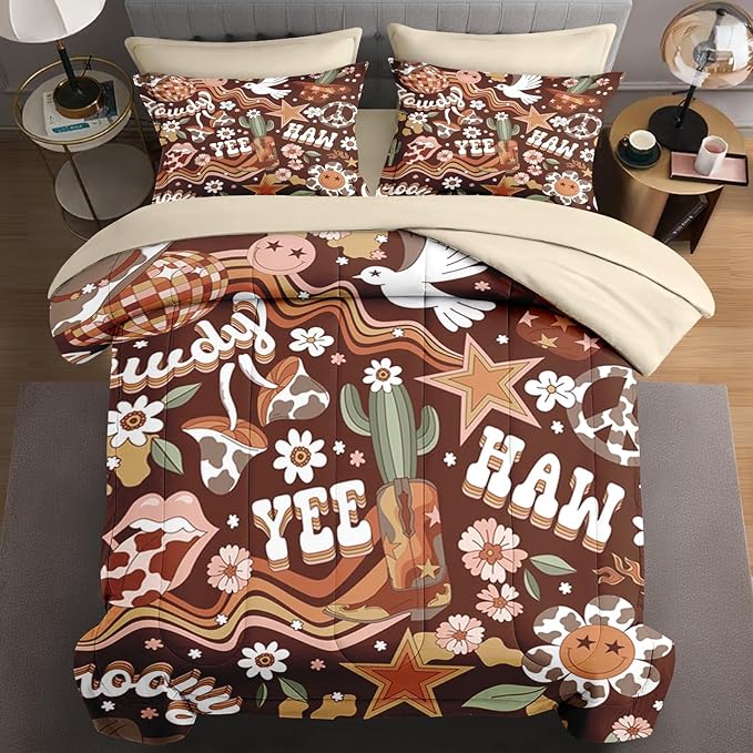7 Pcs King Size Comforter Set with 2 Pillowcases & 2 Shams, Western Hippie Cowgirl Bedding for Kids and Adults, West Boho Cowboy Bed in a Bag with Flat Fitted Sheet