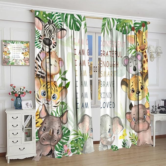 Cartoon Safari Animal Curtains Cute Watercolor Wildlife Jungle Window Treatments for Kids Boys Girls Bedroom Living Room Inspirational Motivational Quotes Nursery Children Drapes W42xL54
