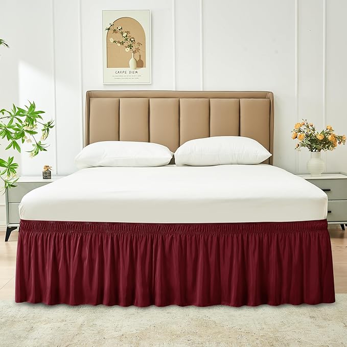 Biscaynebay Wrap Around Bed Skirts for Queen Beds 19" Long Drop, Burgundy Adjustable Elastic Dust Ruffles Easy Fit Wrinkle & Fade Resistant Silky Luxurious Fabric Solid Machine Washable