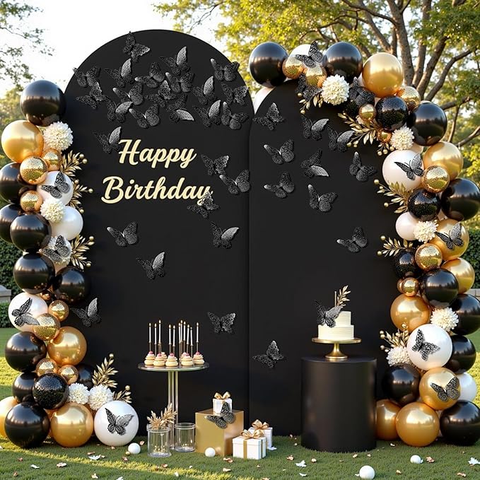3D Gold Butterfly Wall Decor 3 Sizes 4 Styles Butterfly Party Decorations Cake Decorations Removable Stickers Wall Halloween Decor Room Mural Metallic Kids (Black, 96Pcs)