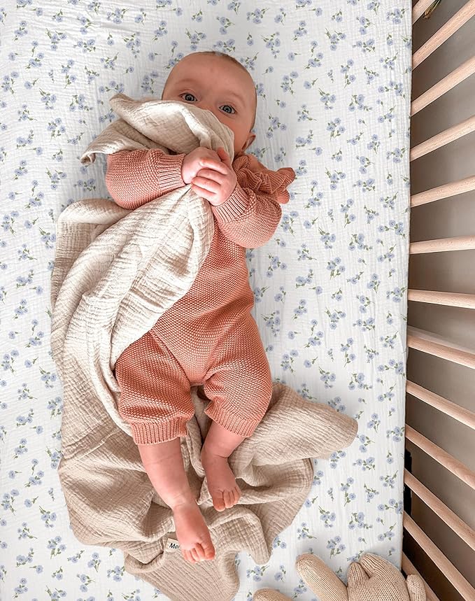 Pack and Play Sheets for Baby Boy and Girl 2 Pack, Neutral Muslin Cotton Pack N Play Mattresses Sheet 27"x39", Muslin Nursery Bedding Soft and Breathable Comfort (Bluebell Bloom & Light Blue)