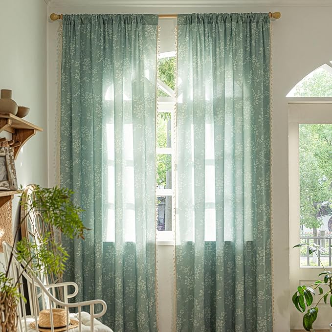 ENJOYBRIDAL Floral Curtains 63 Inch Length Sage Green Farmhouse Drapes Living Room Bedroom Semi Sheer Rod Pocket Window Curtain Panels Short Rustic Boho Retro 2 Panel Sets Window Treatments