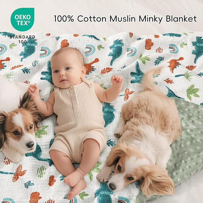 david's kids Muslin Minky Baby Blanket for Boys Girls with Muslin Cotton Front and Dotted Fleece Backing, Breathable and Soft Lightweight Receiving Blanket for Newborns, 30x40 Inches, Dinosaur
