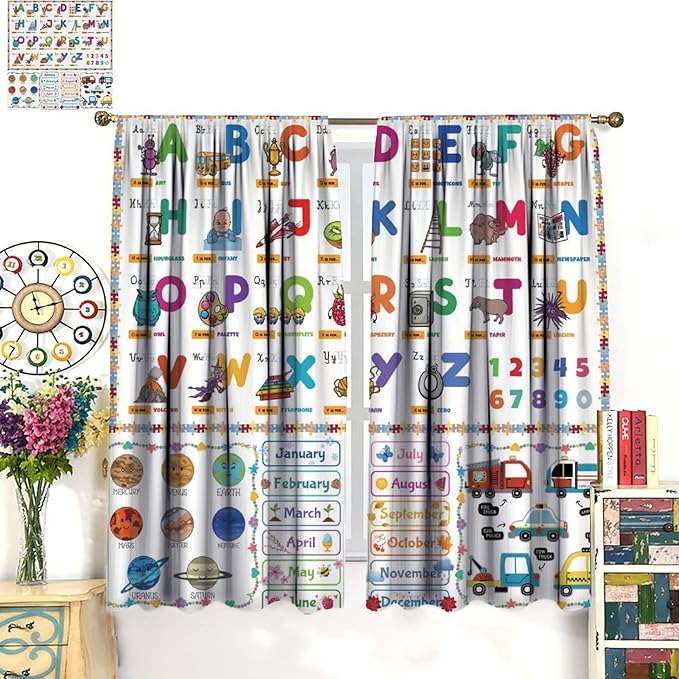 Alphabet Curtain for Kids Room ABC Letter Educational Learning Animal Number Printed Rod Pocket Blackout Window Drapes for Bedroom Playroom Classroom 42" W X 54" L