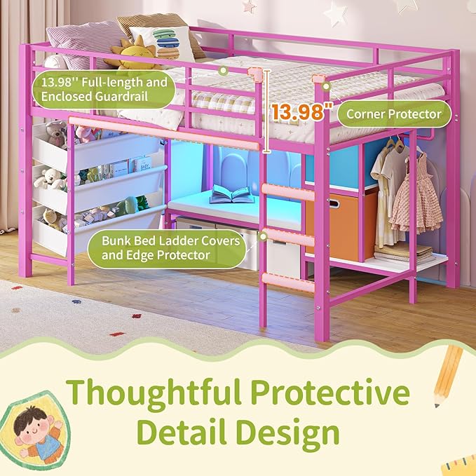 DICTAC Low Twin Size Loft Bed with Reading Corner and Bookshelf,Metal Twin Loft Bed with LED Lights,3 Sling Drawers&2 Movable Storage Bins,loft bed for Kids with 13.98"H Safety Guardrail & Stairs,Pink