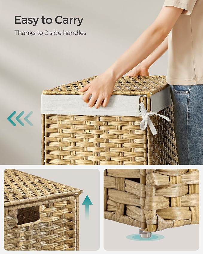 SONGMICS Storage Basket with Lid, 27.7 Gallon (105L) Storage Bin, Woven Blanket Storage Basket with Handles, Foldable, Removable Liner, Metal Frame, for Bedroom, Laundry Room, Natural URST066N01