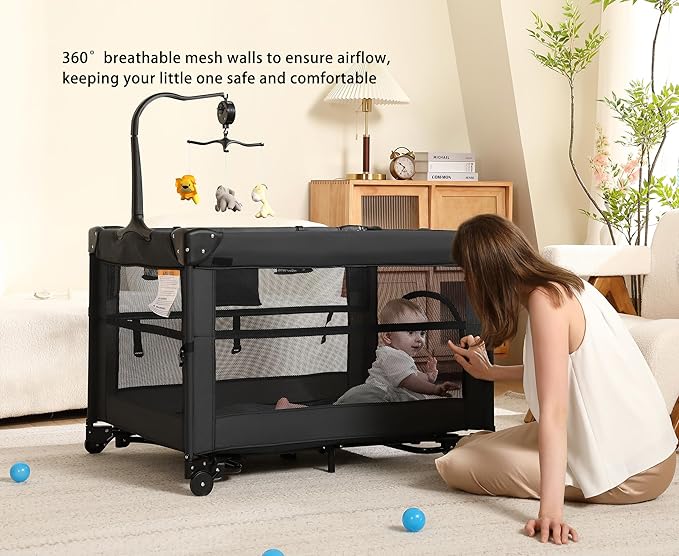 Pack and Play, 5 in 1 Baby Playard – Portable Crib, Bassinet, Bedside Sleeper, Changing Table & Playpen | Breathable Mesh | Safe & Foldable for Newborns to Toddlers (Black)