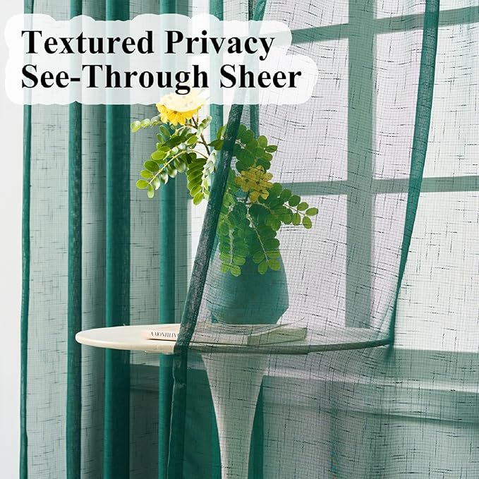 Emerald Green Curtains Sheer 90 Inches Long, Dark Linen Look Textured Light Filtering Drapes Decor, Hunter Green Transparent Window Treatments, Pinch Pleat Curtain with Hooks