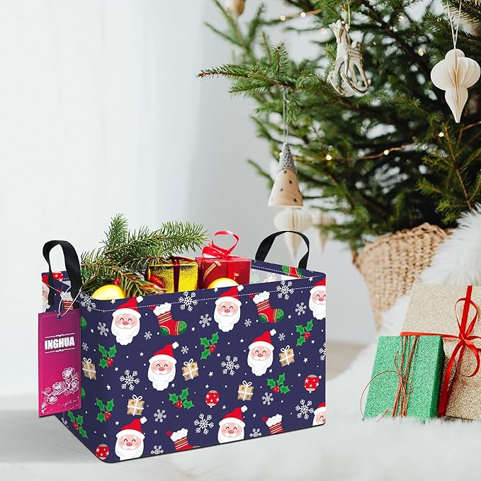 Rectangular Christmas Storage Basket Fabric Organizer Bin for Toys,Books,Clothes,Gifts,Pets-Perfect for Home,Office,Nursery,Dorm,Shelf(Rec-Christmas gift basket)
