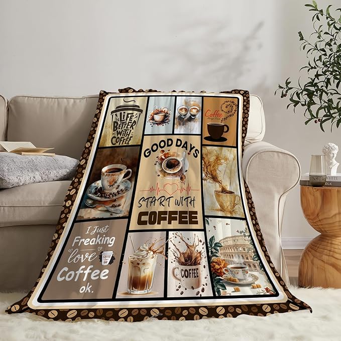 Coffee Blanket Vintage Drink Cup Throw Blankets Gifts for Girls Boys Kids Warm Soft Lightweight Flannel Coffee Bean Plush Throws Fleece Bedding Stuff for Men Women 60"x50"